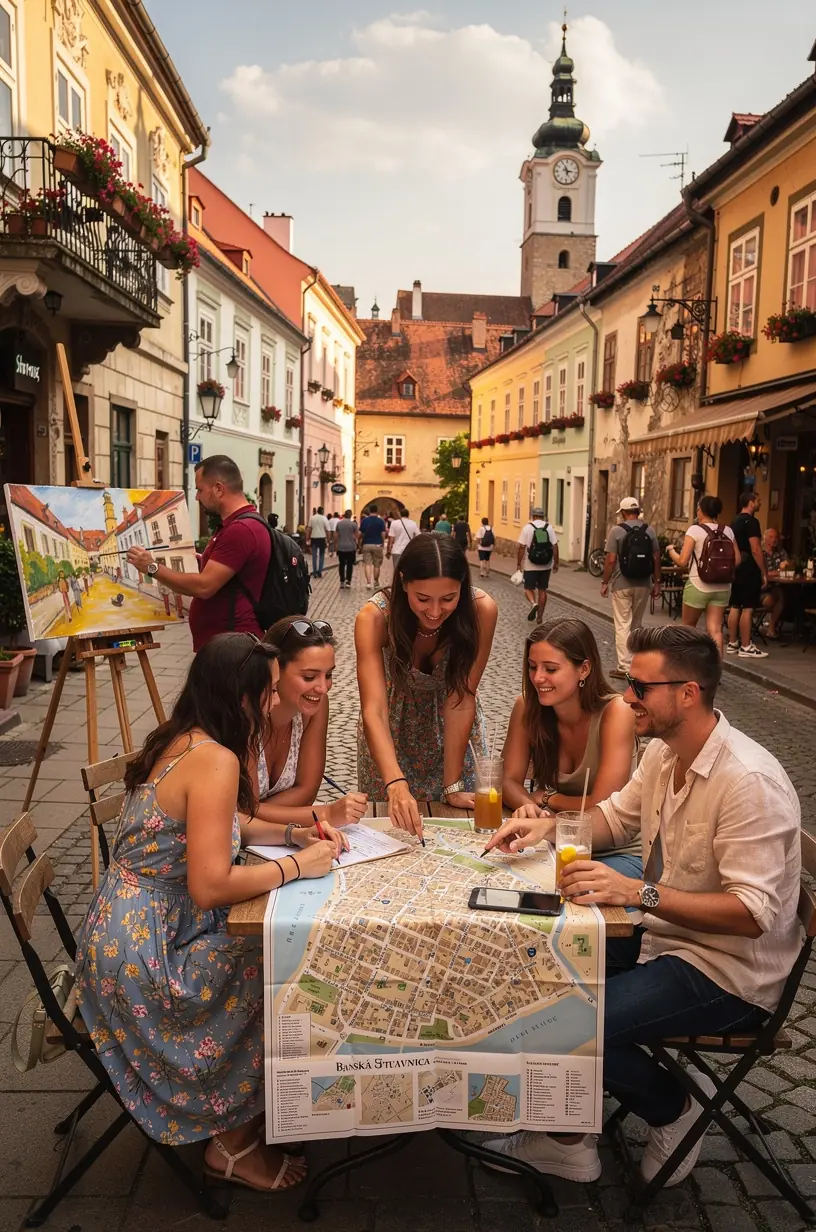 Ilustrácia plánovania trasy s označenými turistickými bodmi a kultúrnymi atrakciami v Slovensku